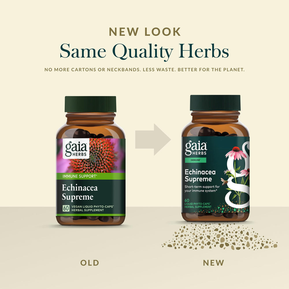 Gaia Herbs Echinacea Supreme regenerative organic farm detail shows silver level standard.