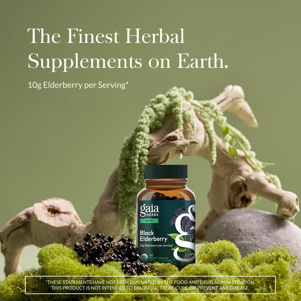 Gaia Herbs elderberry capsules close-up highlighting antioxidant support.