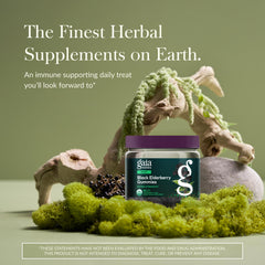 Gaia Herbs elderberry gummies label closeup shows organic, allergen-friendly formula
