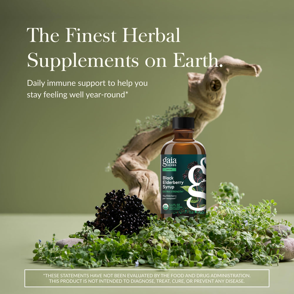 Gaia Herbs elderberry syrup being poured for easy daily dosage.
