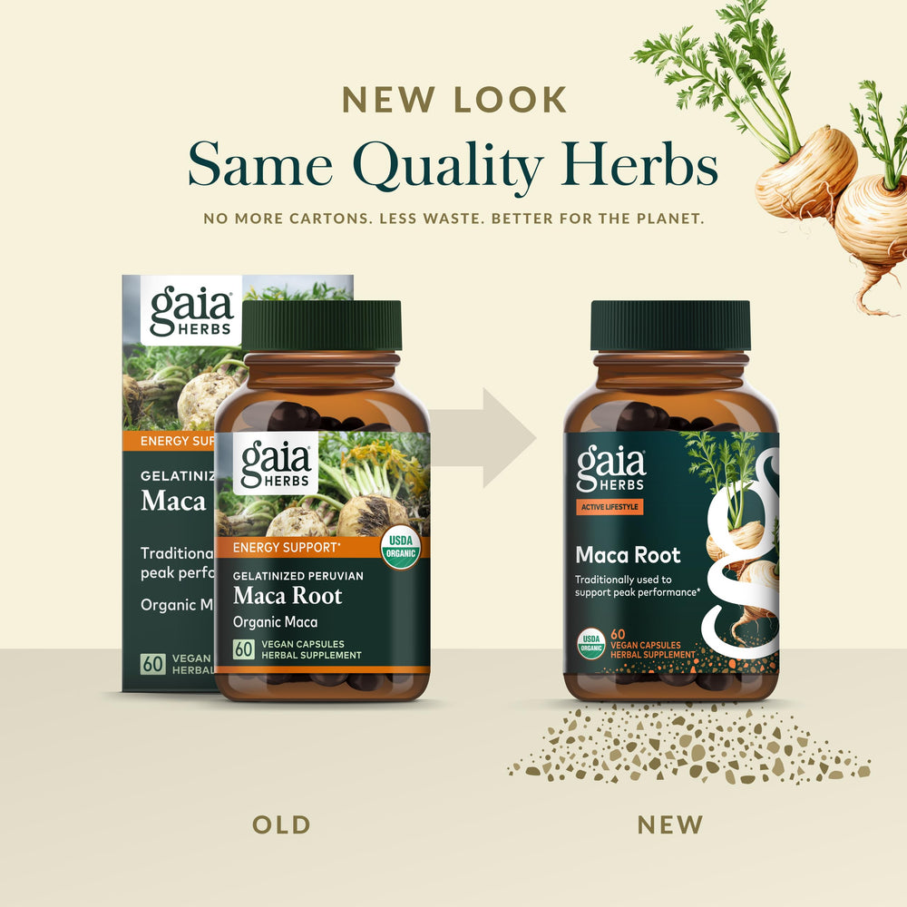 Gluten-free, dairy-free, and soy-free Gaia Maca Root capsules