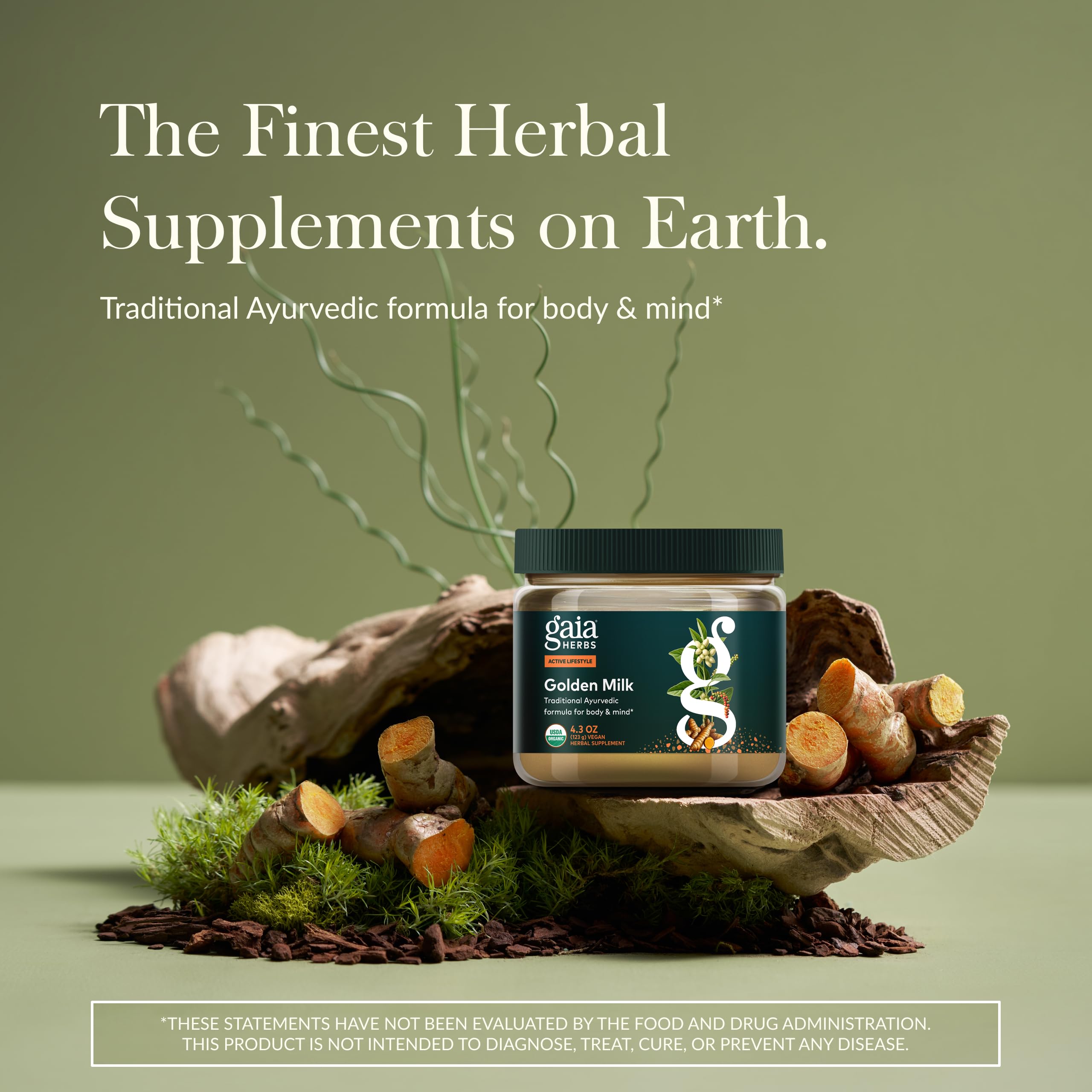 Gaia Herbs Golden Milk scoop measuring powder for a calm cup.