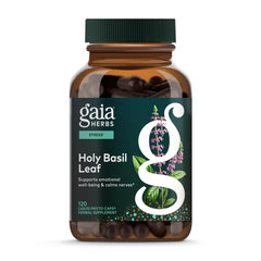 Gaia Herbs Holy Basil Leaf bottle showing vegan liquid phyto-caps for daily wellness
