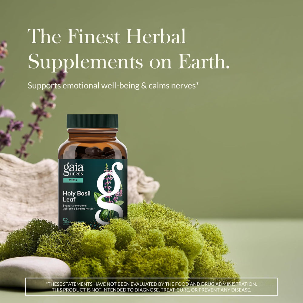 Gaia Herbs Holy Basil Leaf capsules close-up, convenient vegan format