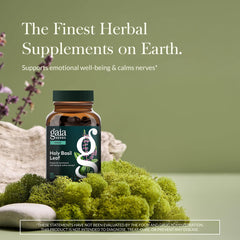Gaia Herbs Holy Basil Leaf capsules close-up, convenient vegan format
