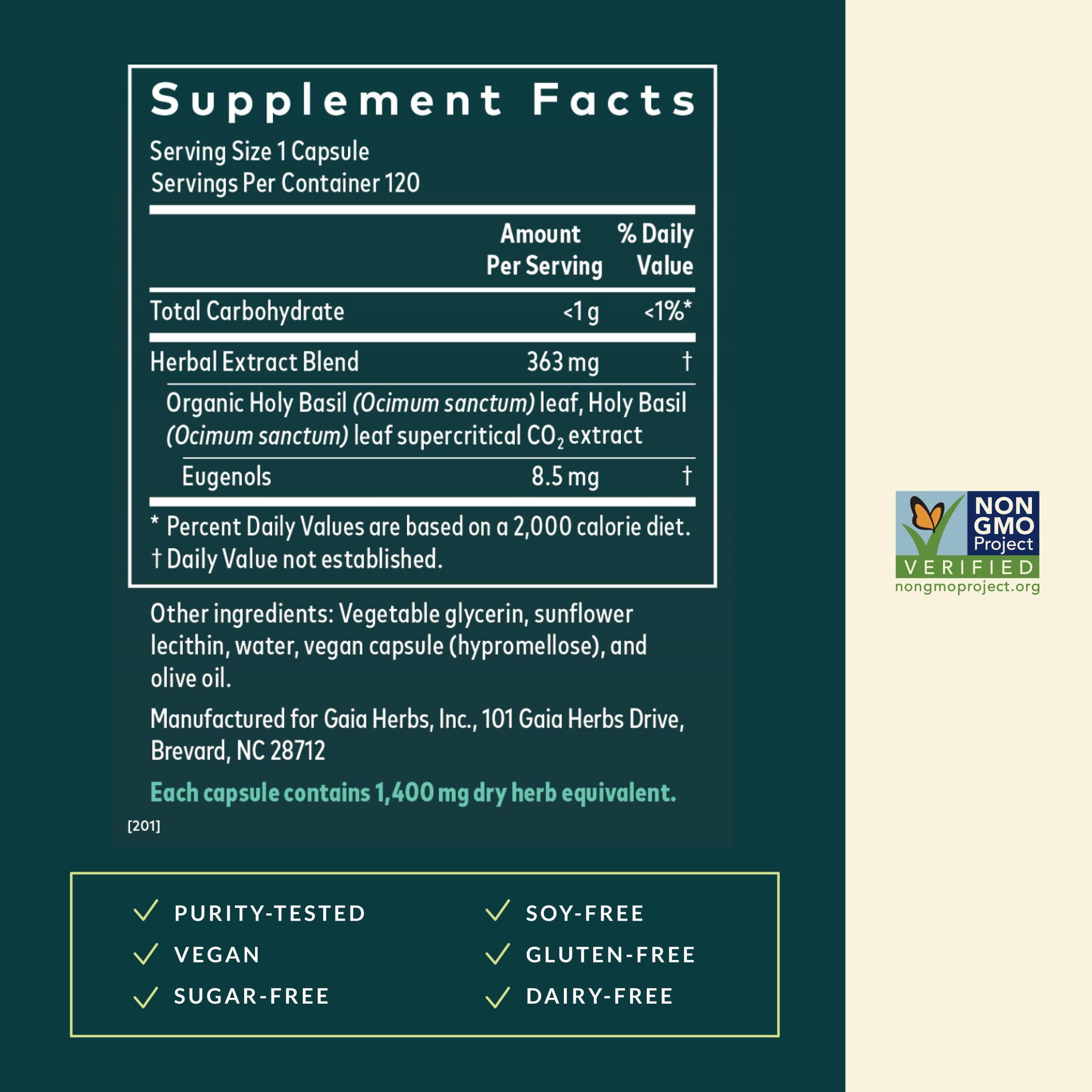 Gaia Herbs Holy Basil Leaf label detail highlighting sustainability and quality