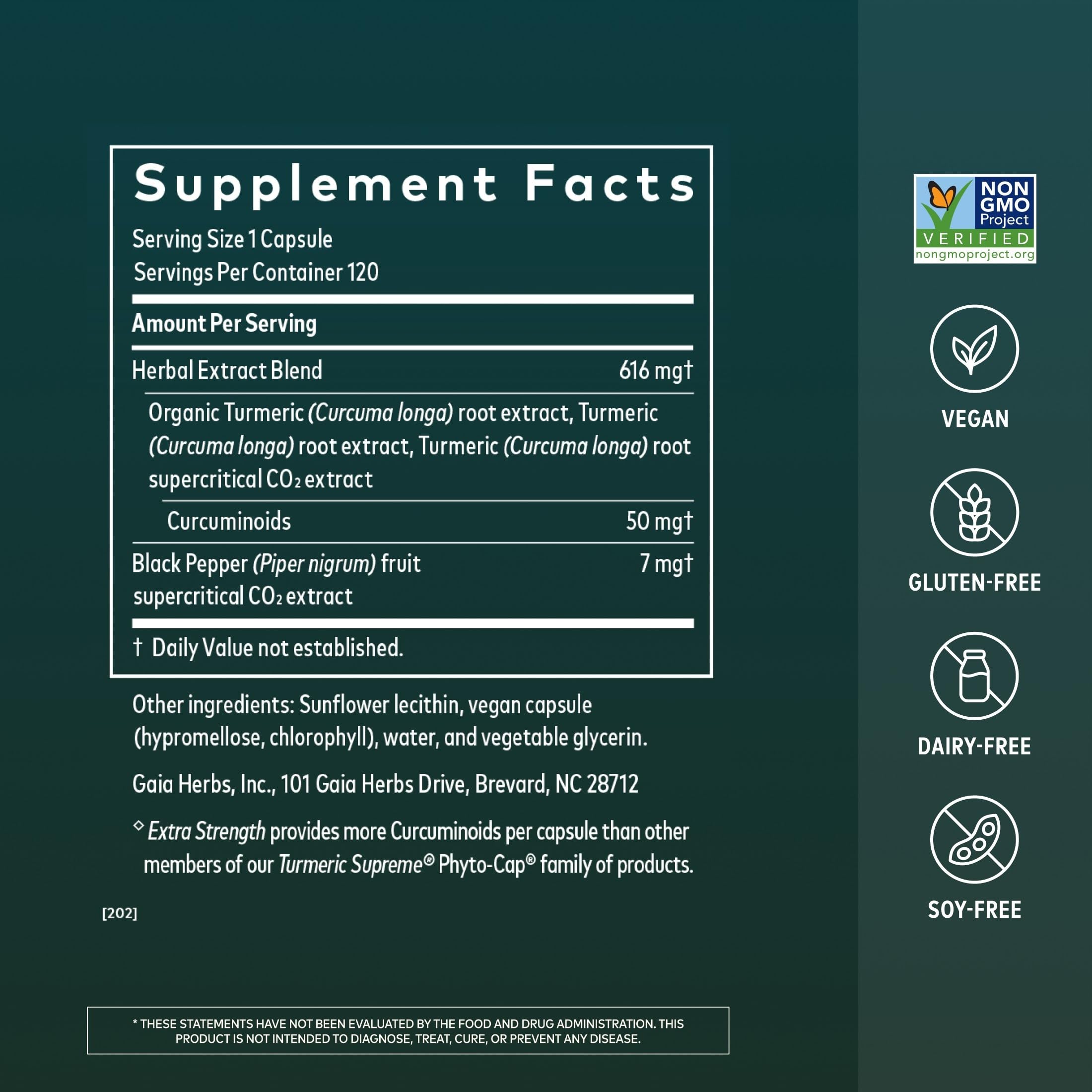 Gaia Herbs label close-up highlighting curcumin and black pepper blend for absorption benefit