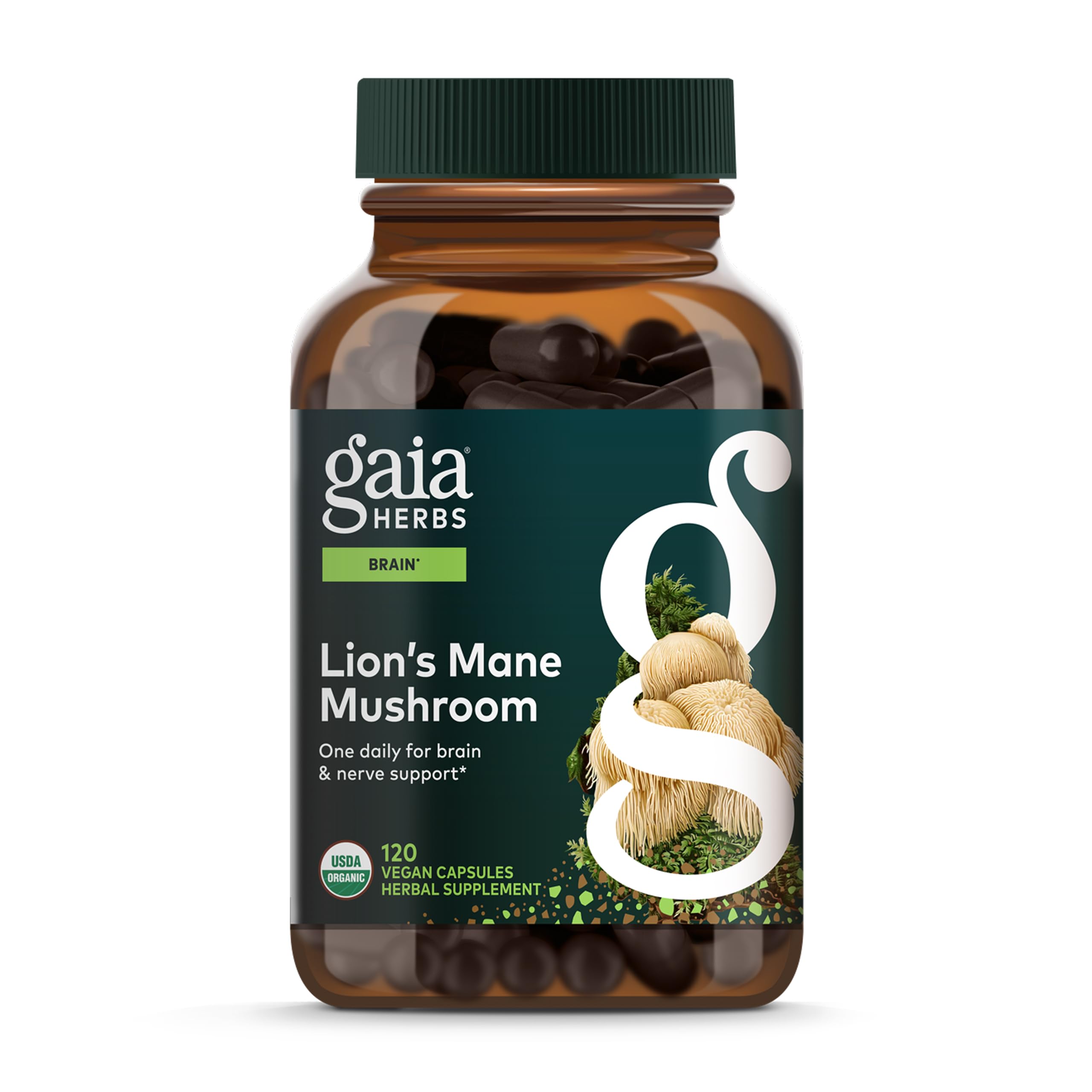 Gaia Herbs Lion's Mane capsules bottle for brain health support