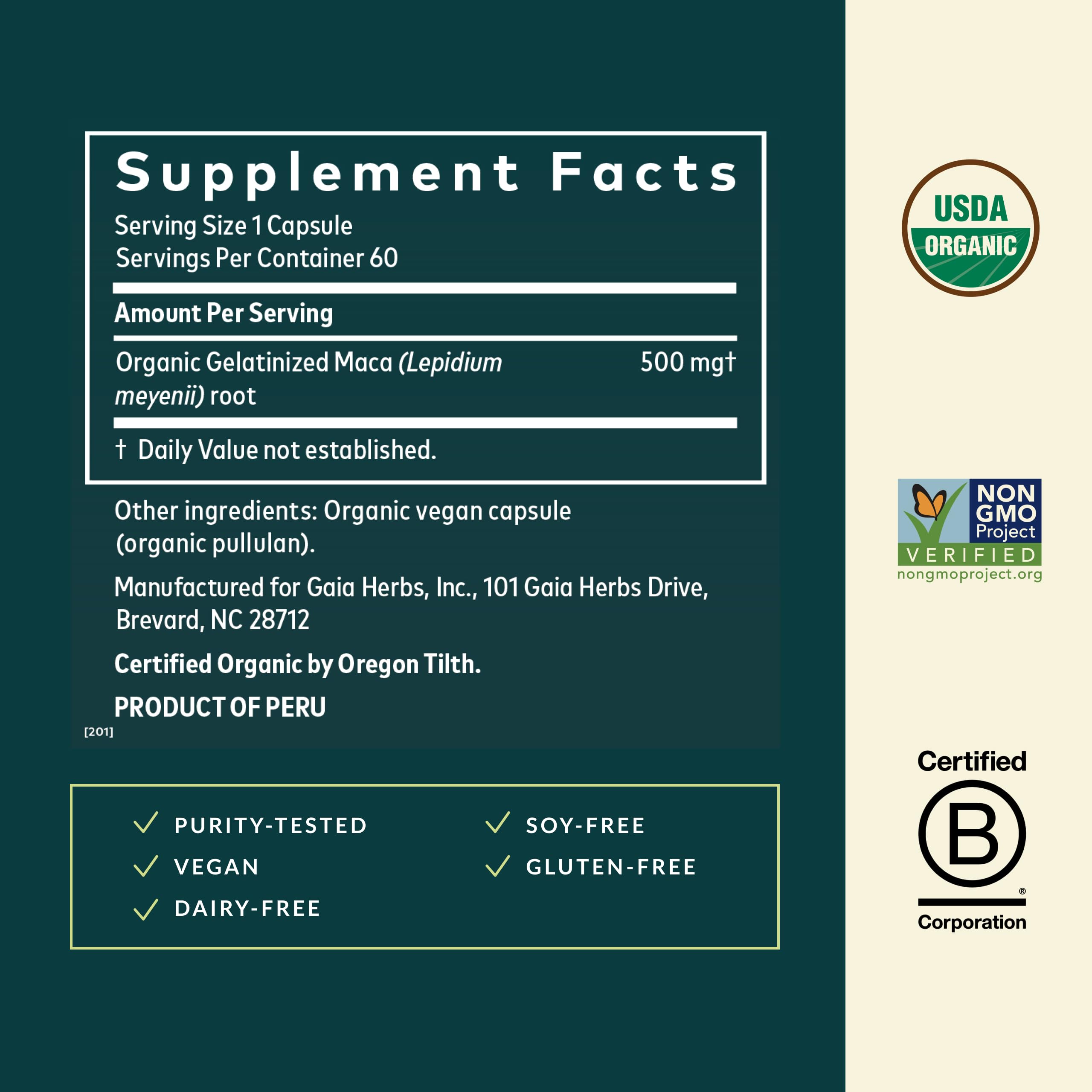 Gaia Herbs Maca Root label and branding on bottle