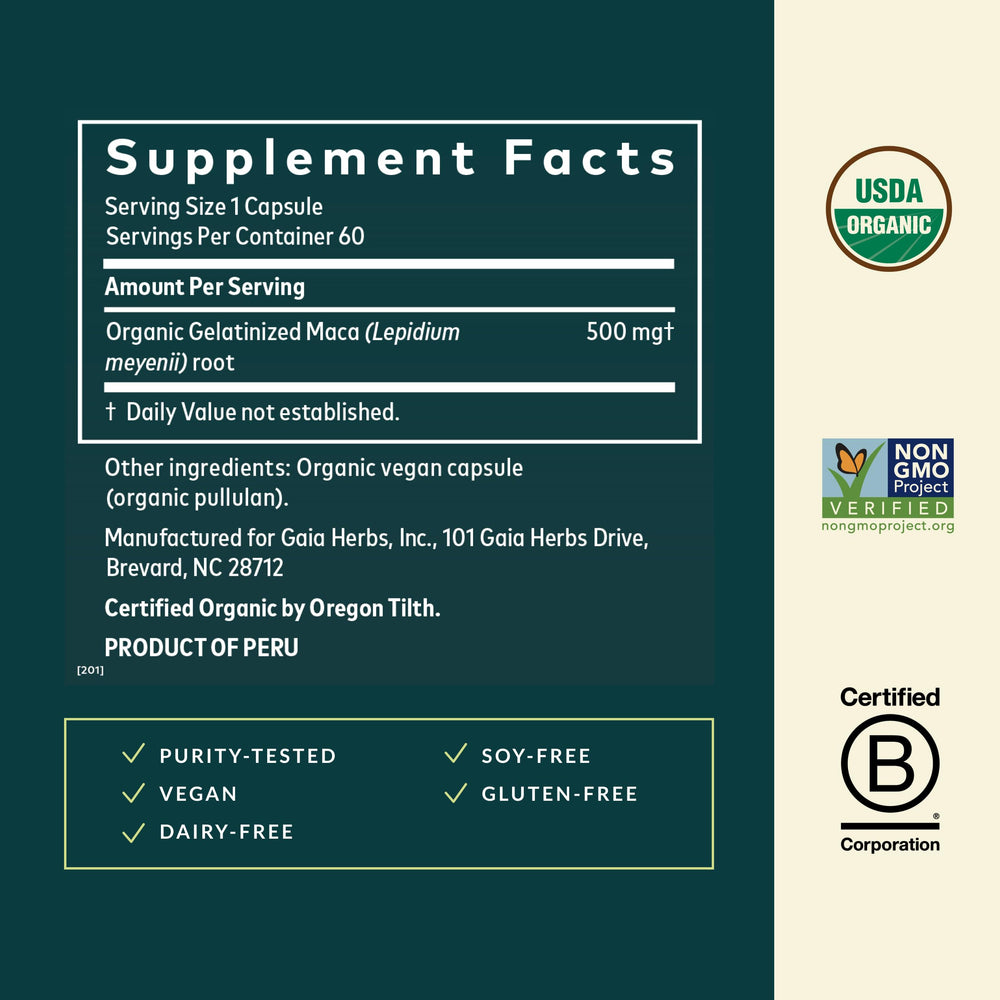 Gaia Herbs Maca Root label and branding on bottle