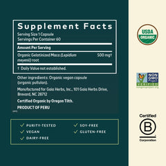 Gaia Herbs Maca Root label and branding on bottle