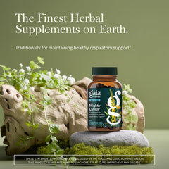 Gaia Herbs Mighty Lungs capsules close-up shows vegan phyto-caps for easy daily use