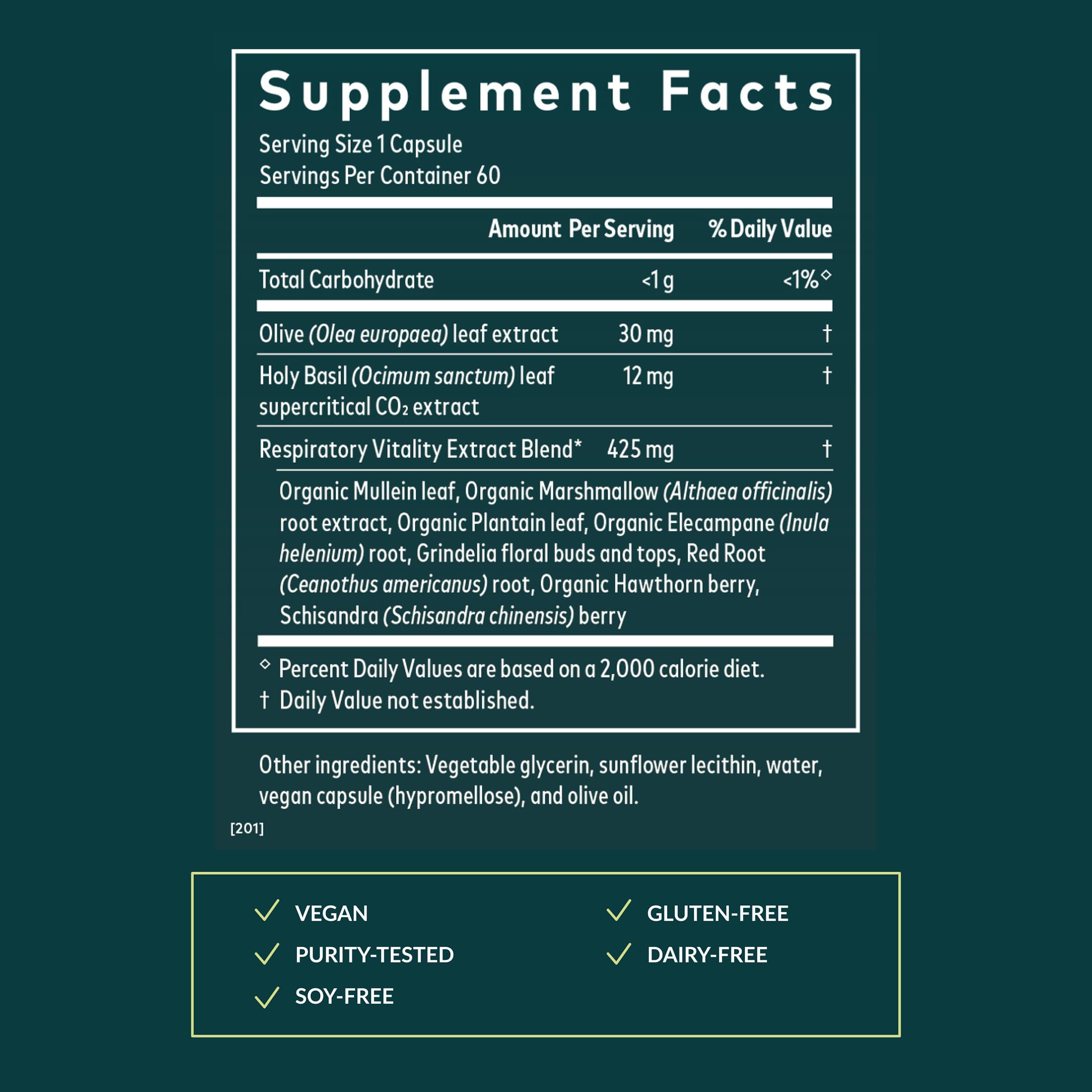 Mighty Lungs label detail highlights holy basil CO2 extract and plant mix