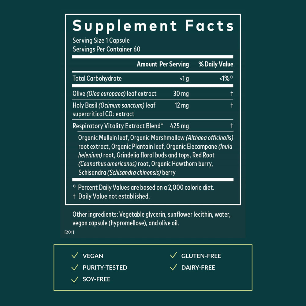 Mighty Lungs label detail highlights holy basil CO2 extract and plant mix