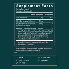 Mighty Lungs label detail highlights holy basil CO2 extract and plant mix