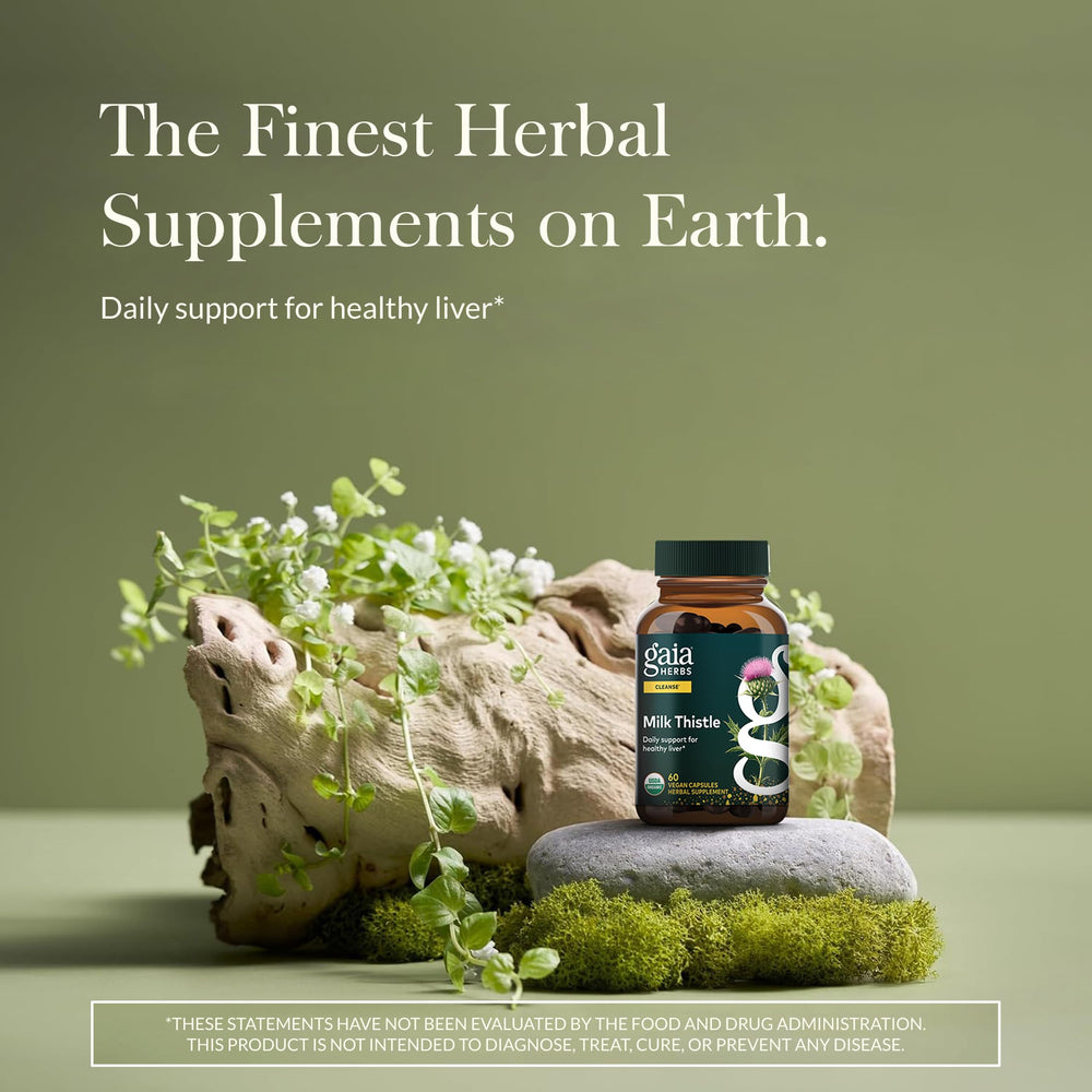 Gaia Herbs Milk Thistle capsules showing convenient vegan liver support daily use