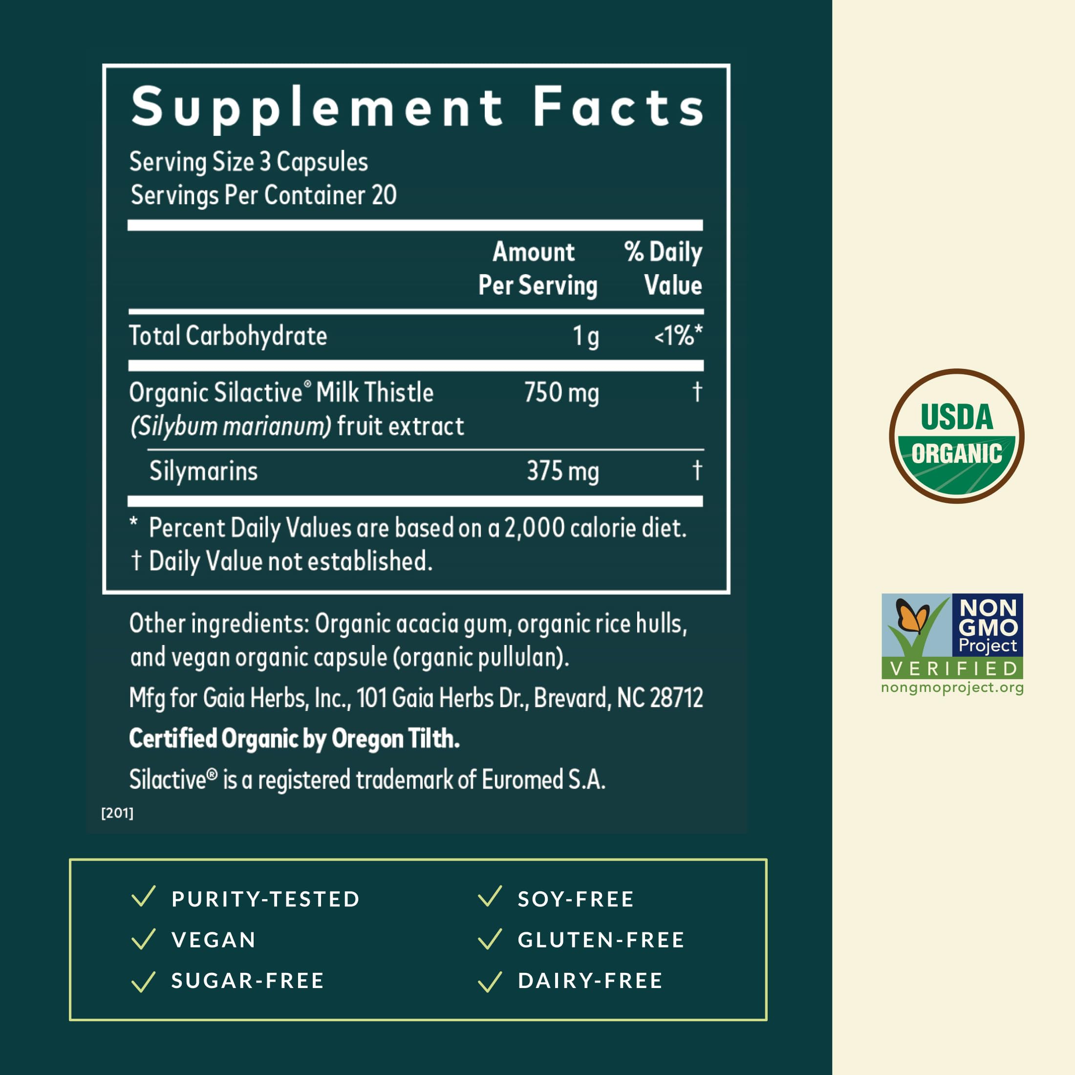 Close-up of Gaia Herbs Milk Thistle label highlighting organic milk thistle ingredients
