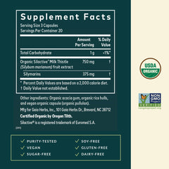Close-up of Gaia Herbs Milk Thistle label highlighting organic milk thistle ingredients