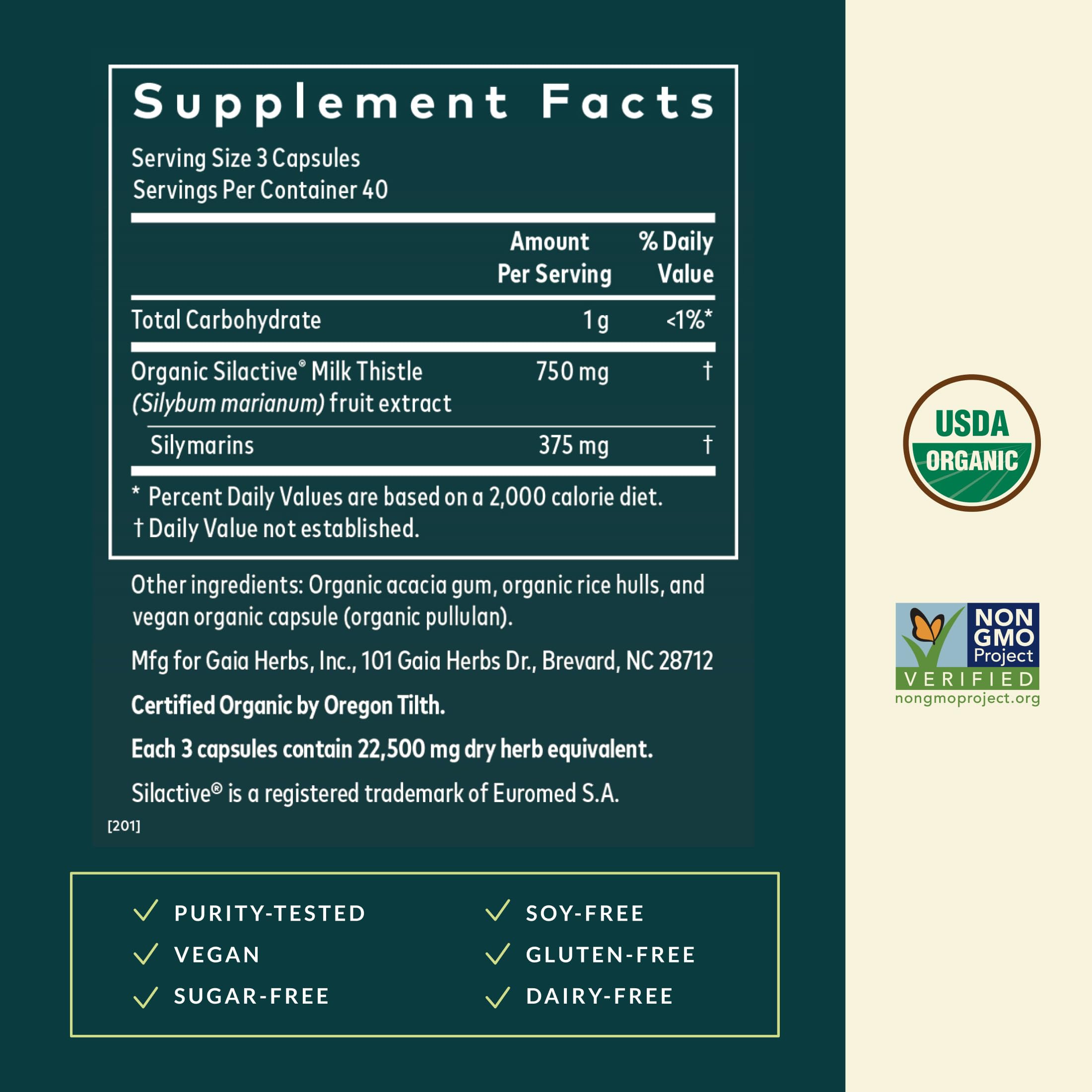 Gaia Herbs Milk Thistle label detail emphasizing transparency and quality.
