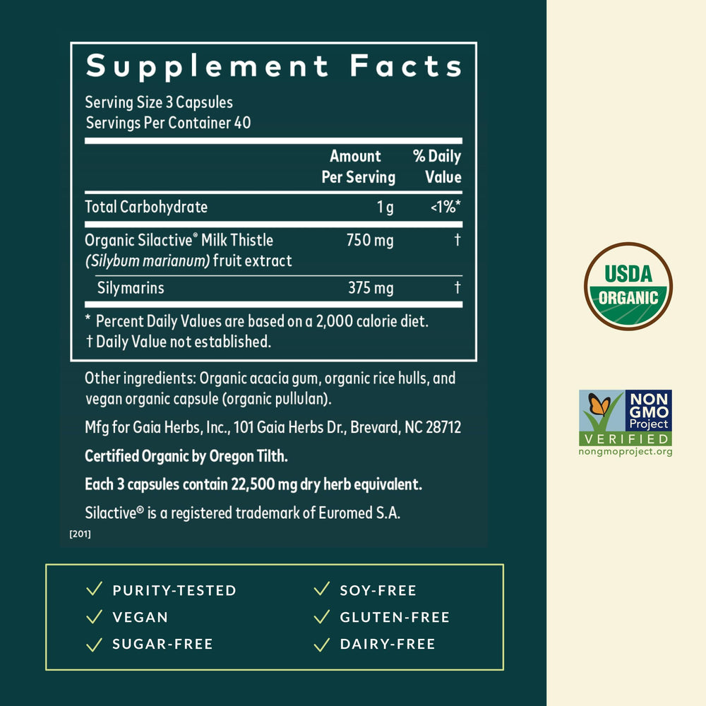 Gaia Herbs Milk Thistle label detail emphasizing transparency and quality.