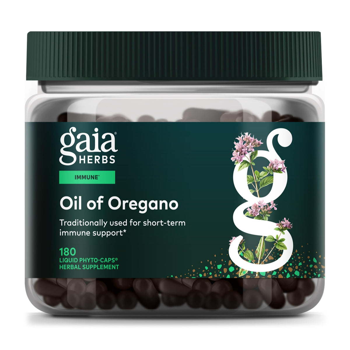 Gaia Herbs Oil of Oregano bottle front showing label for immune support.