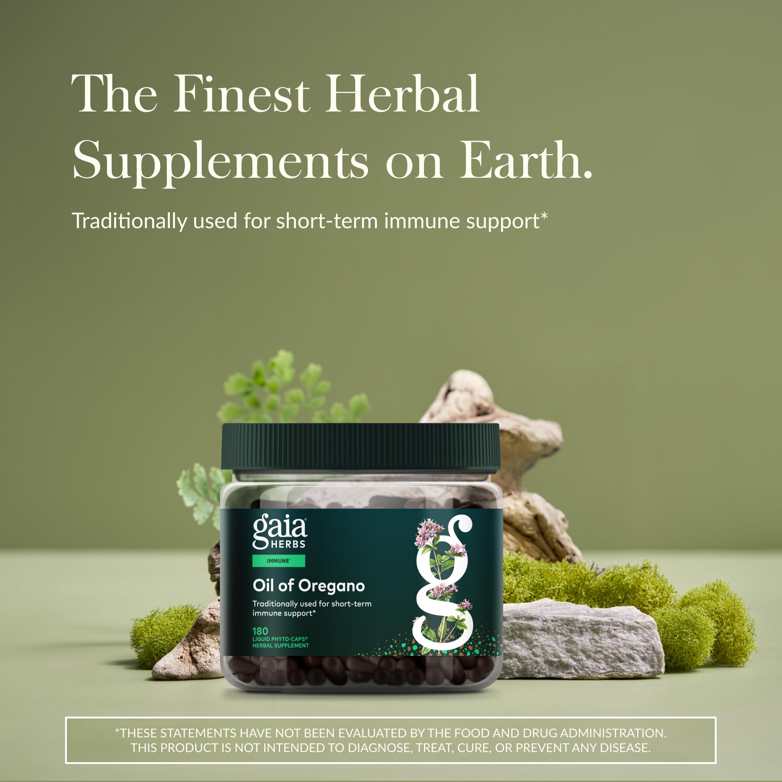Gaia Herbs Oil of Oregano bottle label close-up highlighting Mediterranean origin for wellness.