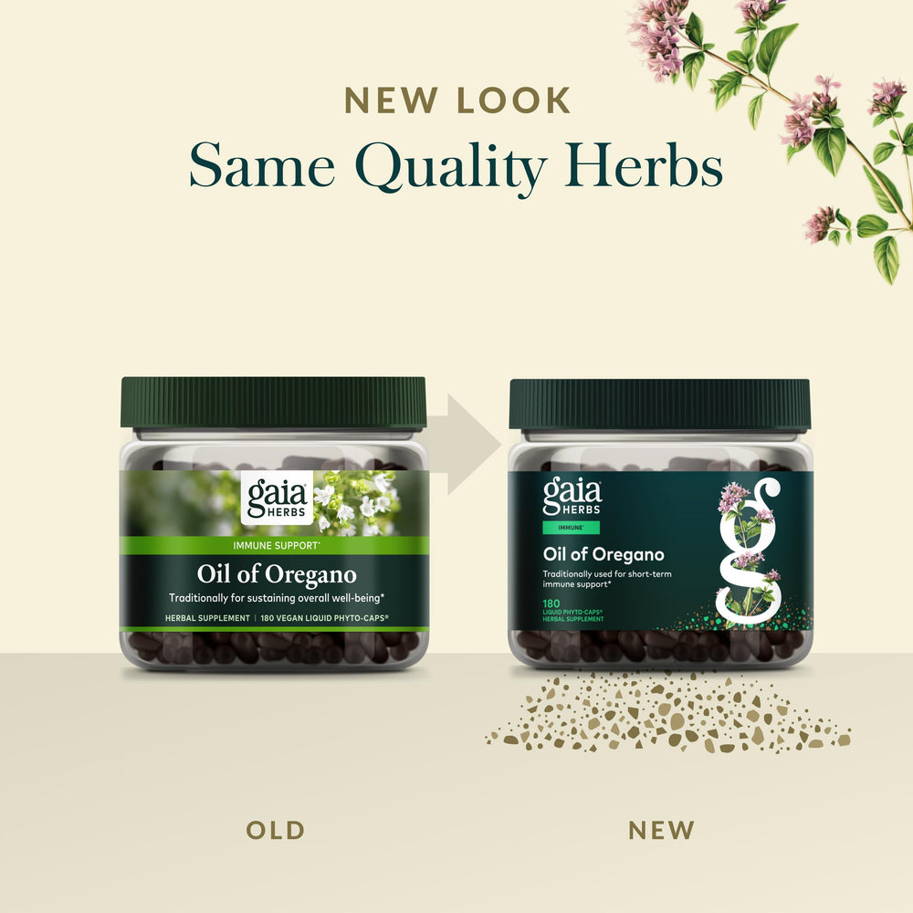 Gaia Herbs Oil of Oregano origin Mediterranean image emphasizing high-quality sourcing.