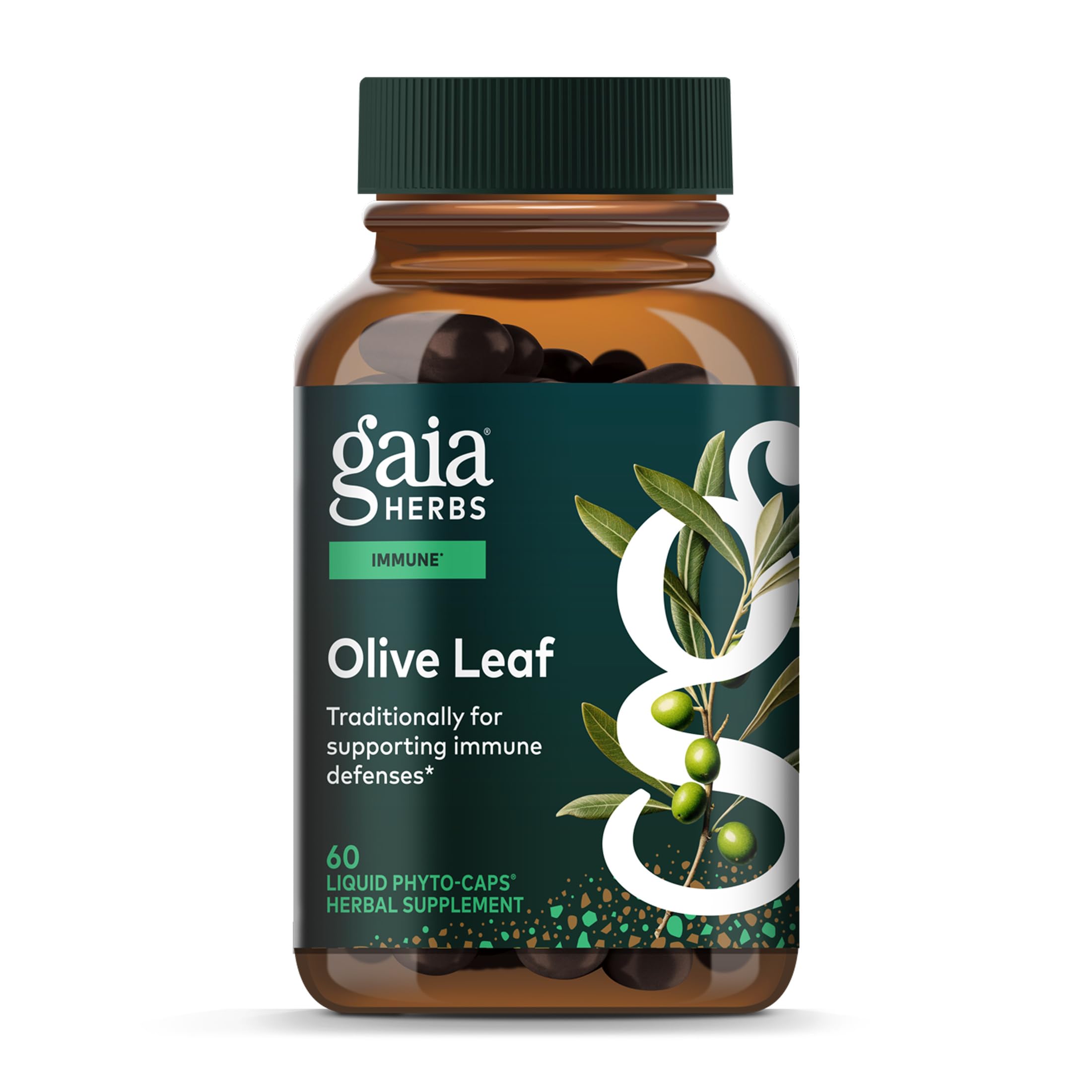 Gaia Herbs Olive Leaf bottle close-up showing olive leaf extract for daily immune support
