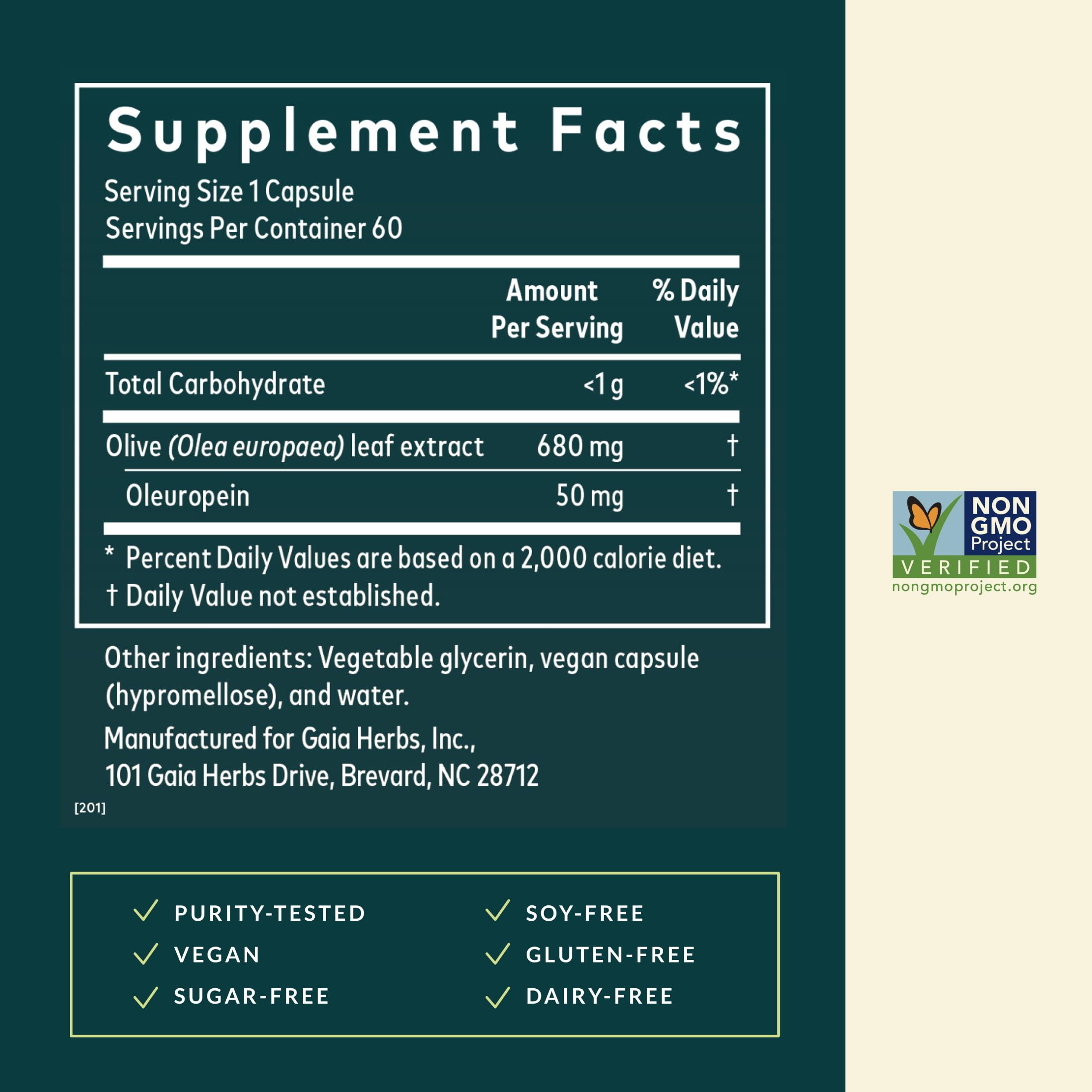 Close-up of Gaia Herbs Olive Leaf label emphasizing a single-herb formula