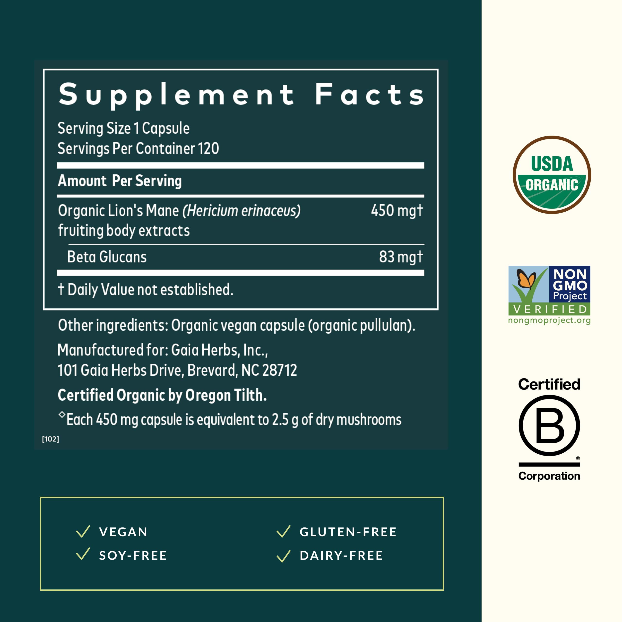 Gaia Herbs organic certification label indicating quality sourcing