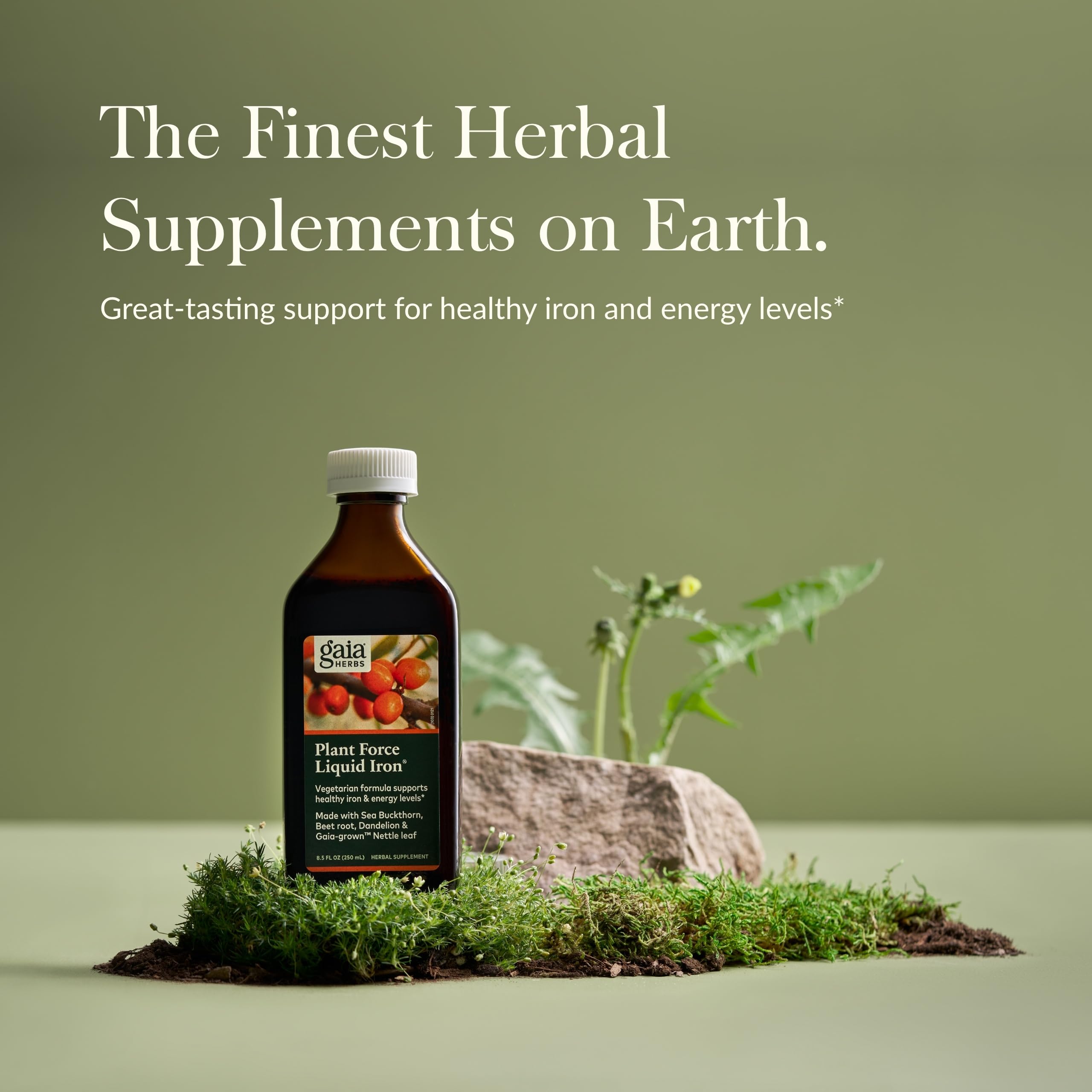 Gaia Herbs Plant Force Liqui d Iron being poured into a glass for daily use.