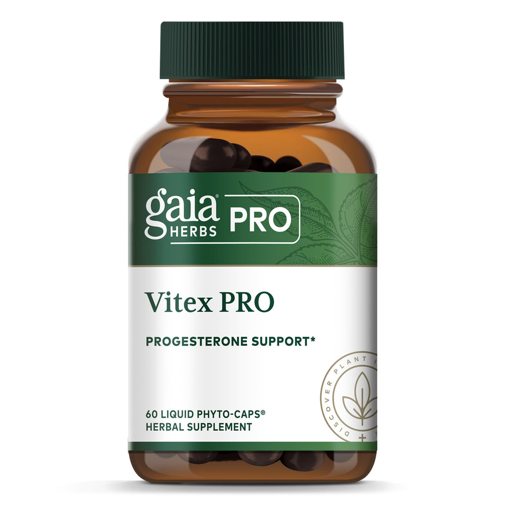 Gaia Herbs PRO Vitex Pro bottle with capsules for hormonal balance.
