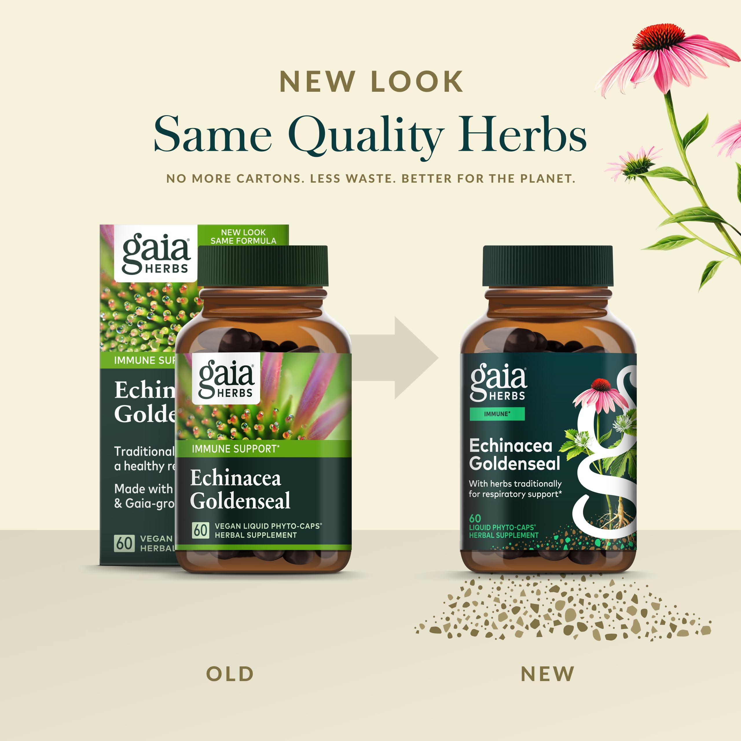 Gaia Herbs quality sourcing badge on product visuals.