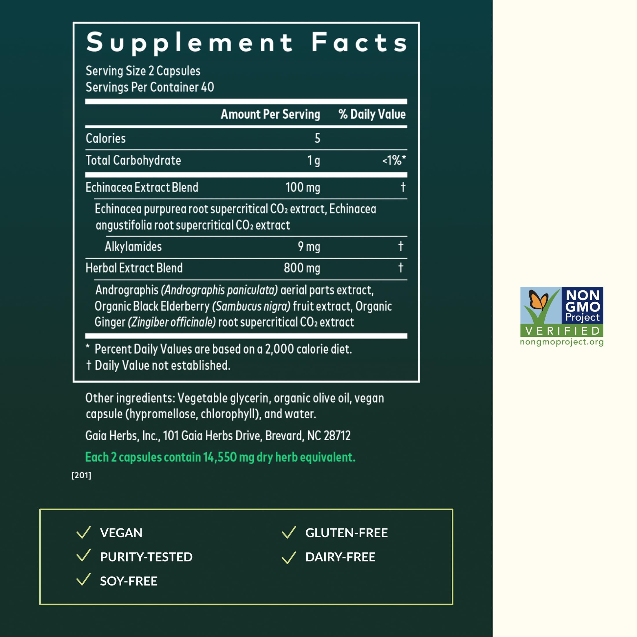 Gaia Herbs Quick Defense label view showcasing pure ingredients