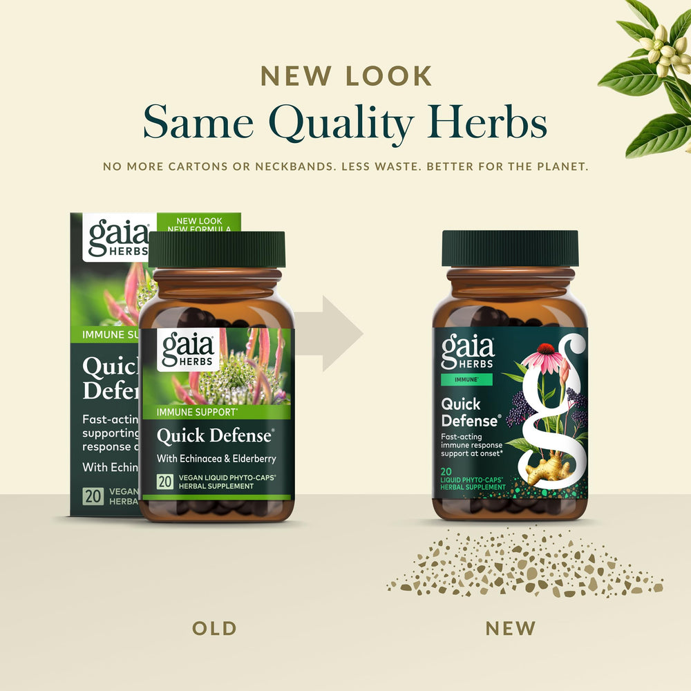 Gaia Herbs Quick Defense recyclable packaging on clean kitchen setup