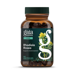 Gaia Herbs Rhodiola Rosea bottle front promotes balanced energy for daily routines
