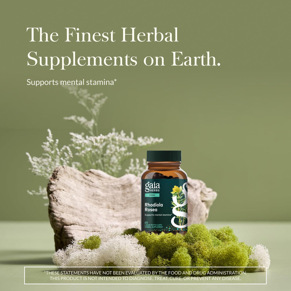 Gaia Herbs Rhodiola Rosea capsules offering resilient energy throughout active days.
