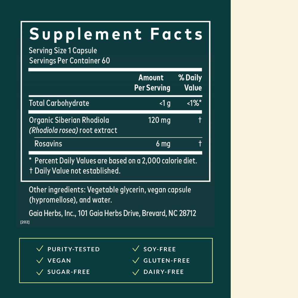 Gaia Herbs Rhodiola Rosea label closeup highlighting Siberian root extract.