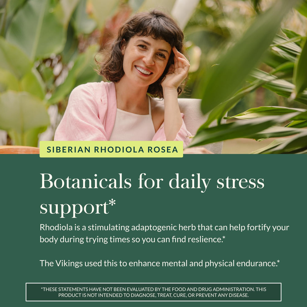 Gaia Herbs Rhodiola Rosea root extract image hints at traditional roots and potency