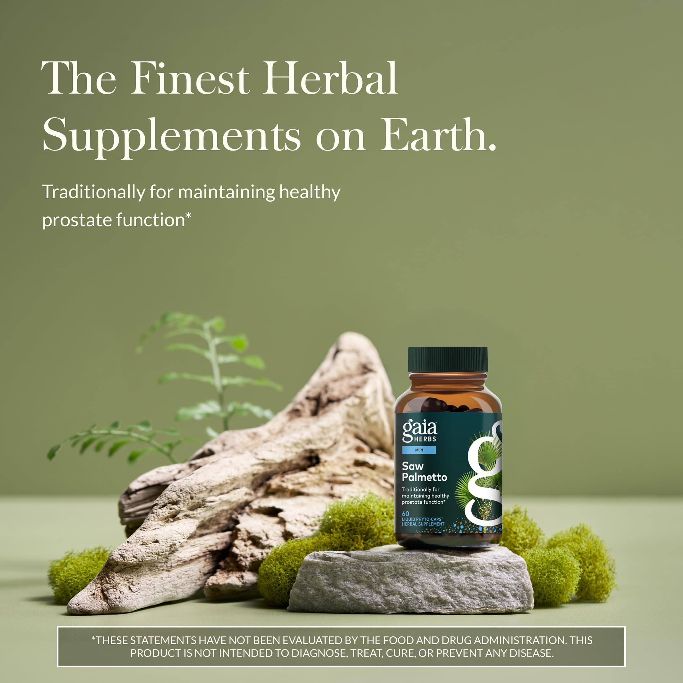 Gaia Herbs Saw Palmetto bottle back label with ingredients and usage.