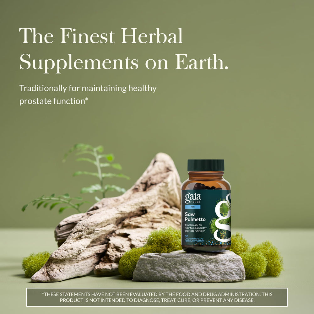 Gaia Herbs Saw Palmetto bottle back label with ingredients and usage.