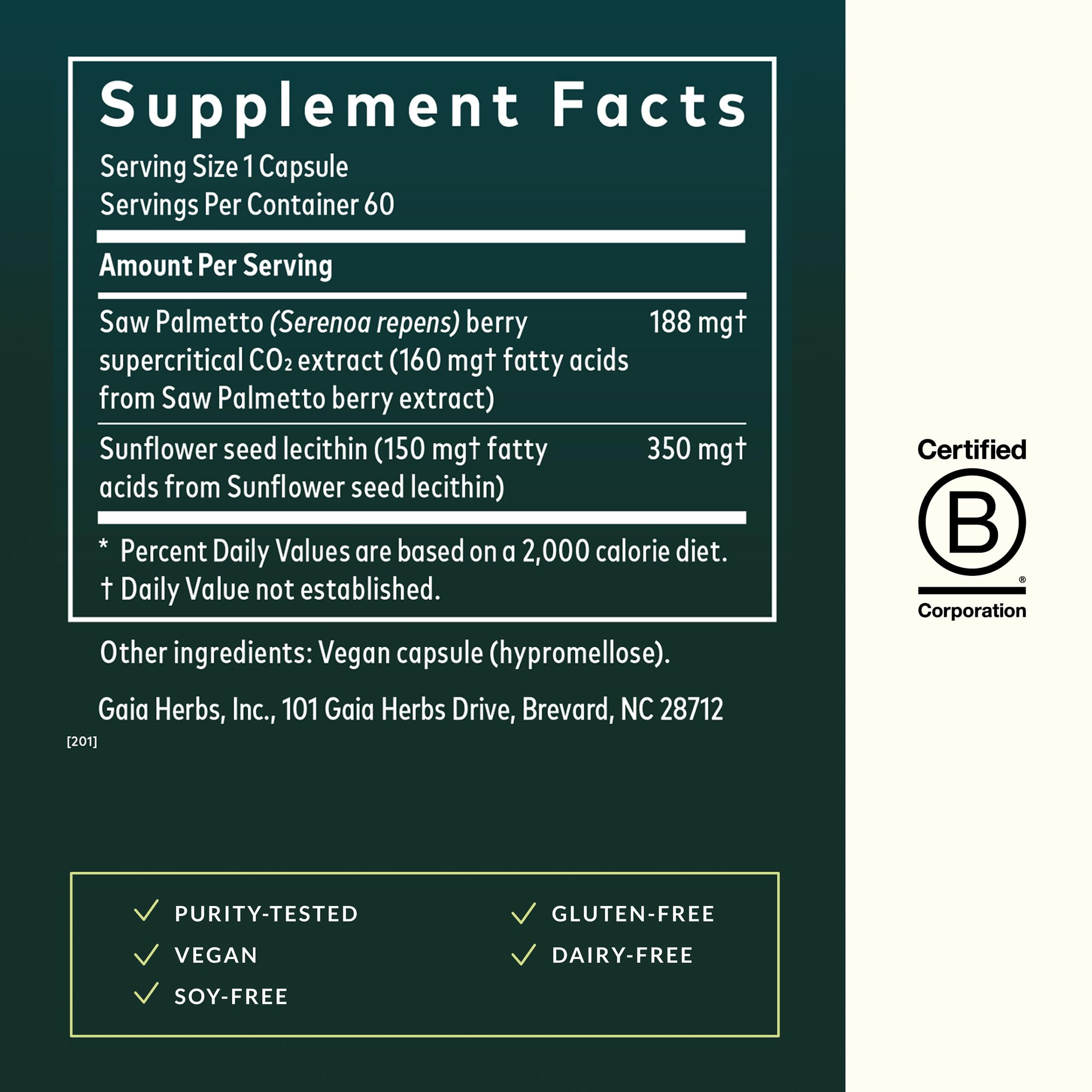 Close-up of Gaia Herbs Saw Palmetto capsules for easy daily intake.