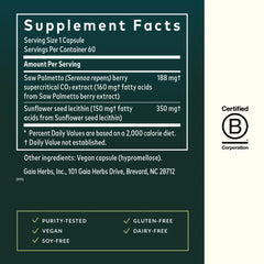 Close-up of Gaia Herbs Saw Palmetto capsules for easy daily intake.