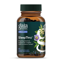 Gaia Herbs SleepThru bottle on nightstand for restful nights