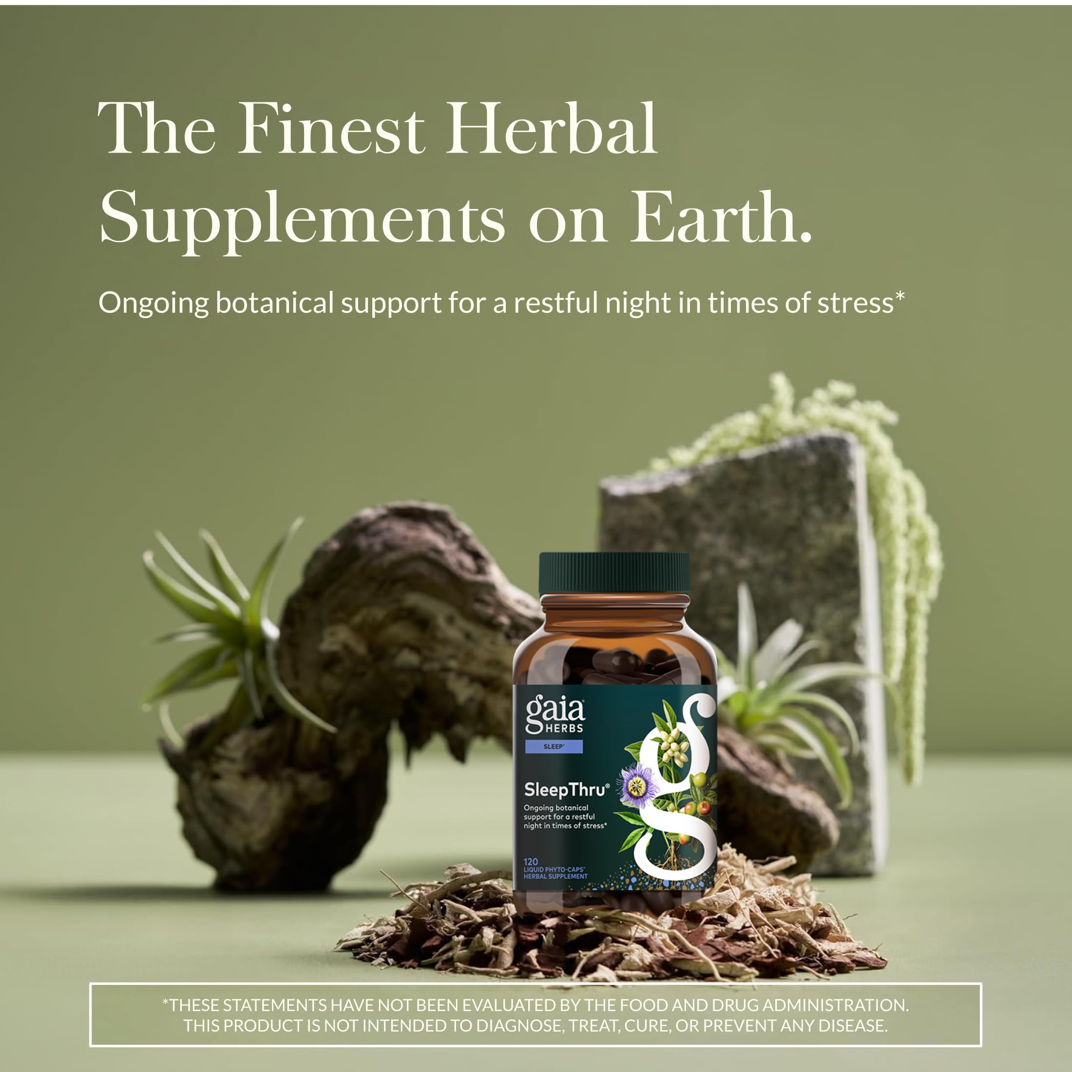 Close-up of Gaia SleepThru capsules highlighting vegan liquid phyto-caps.