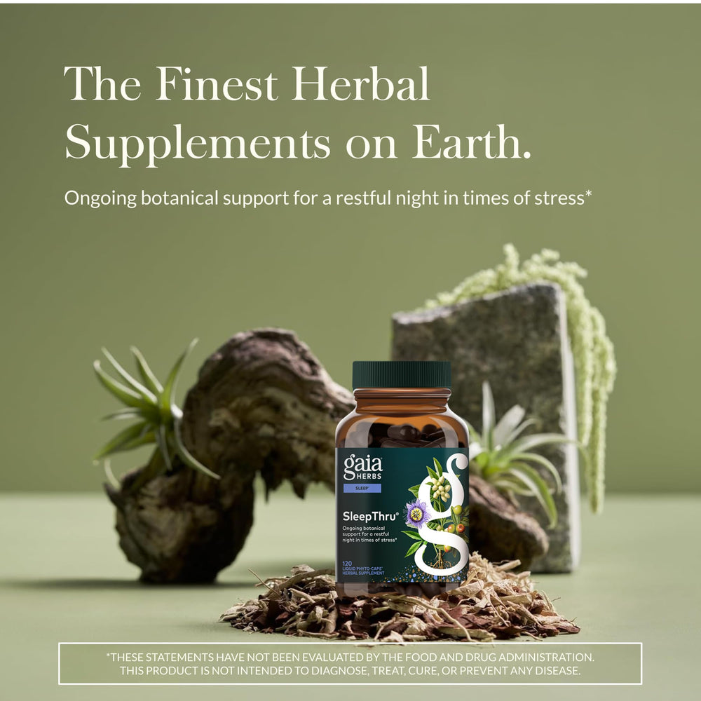 Close-up of Gaia SleepThru capsules highlighting vegan liquid phyto-caps.