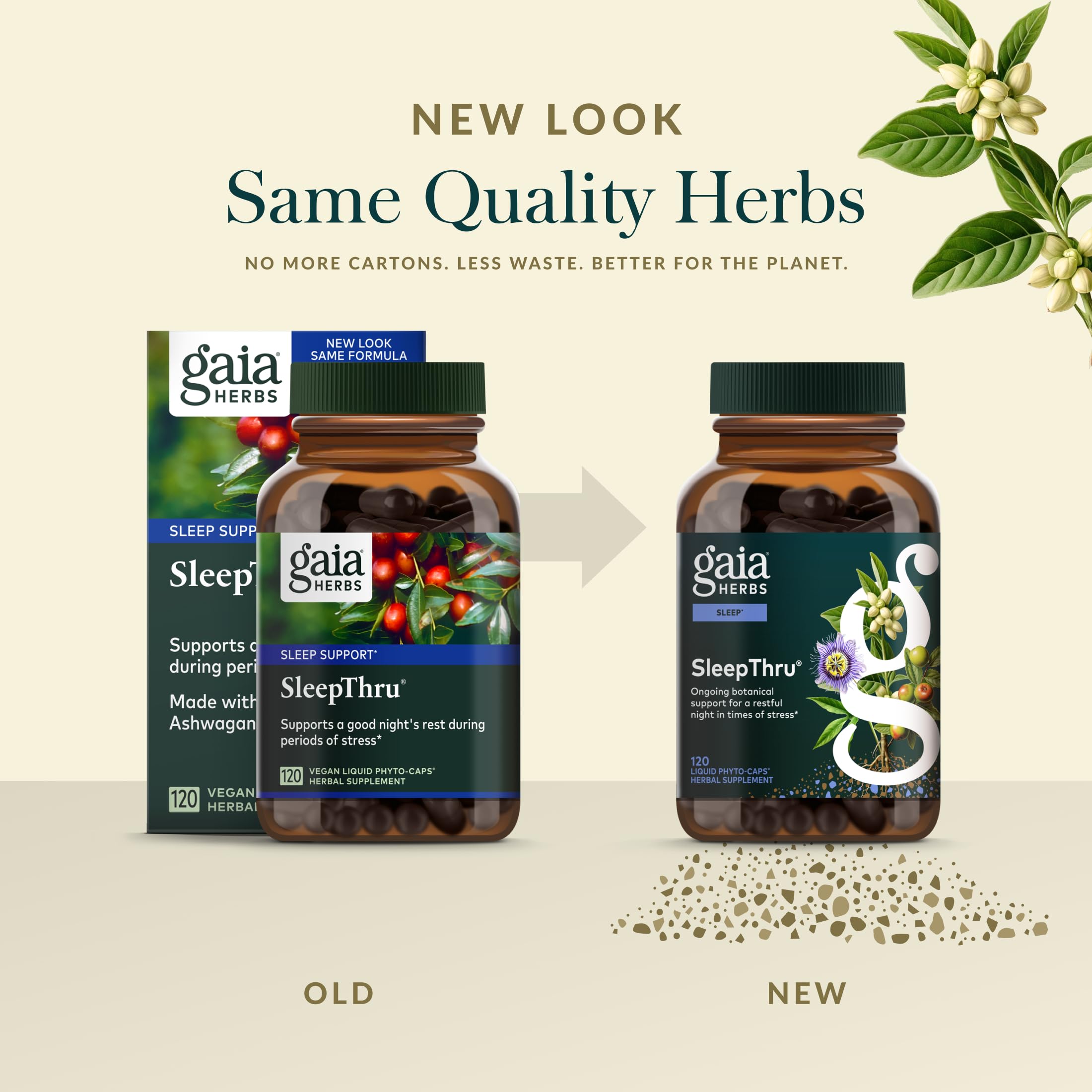 Passionflower leaf in Gaia SleepThru bottle for calmer evenings.