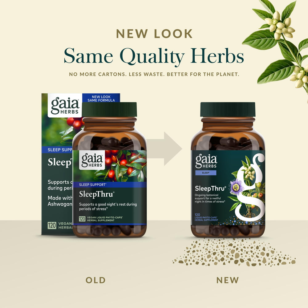 Passionflower leaf in Gaia SleepThru bottle for calmer evenings.