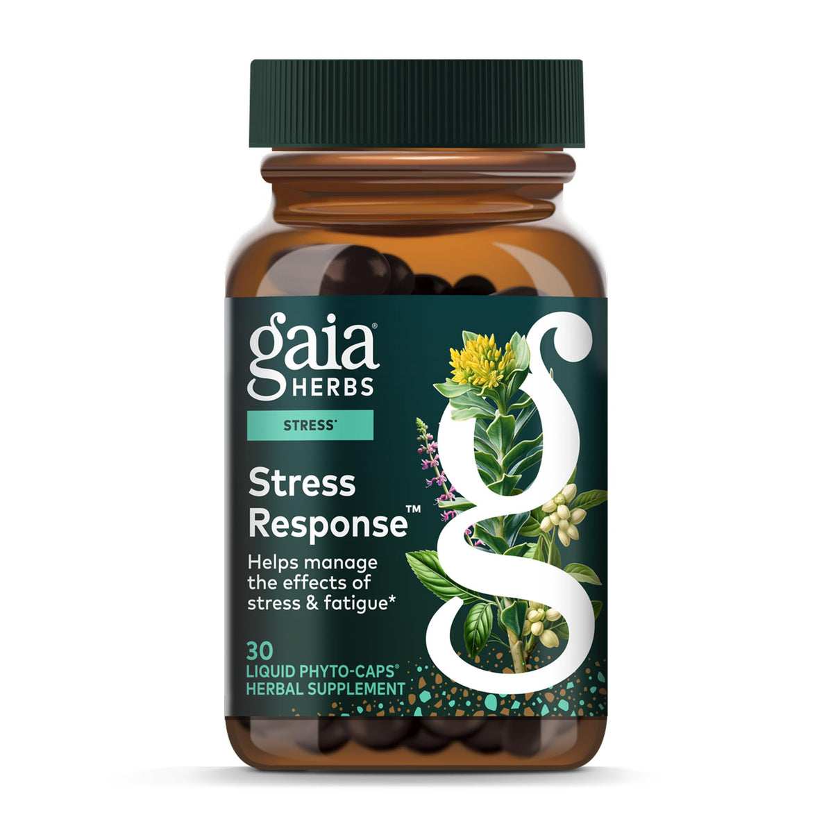 Gaia Herbs Stress Response bottle front showing calm, balanced design for daily use