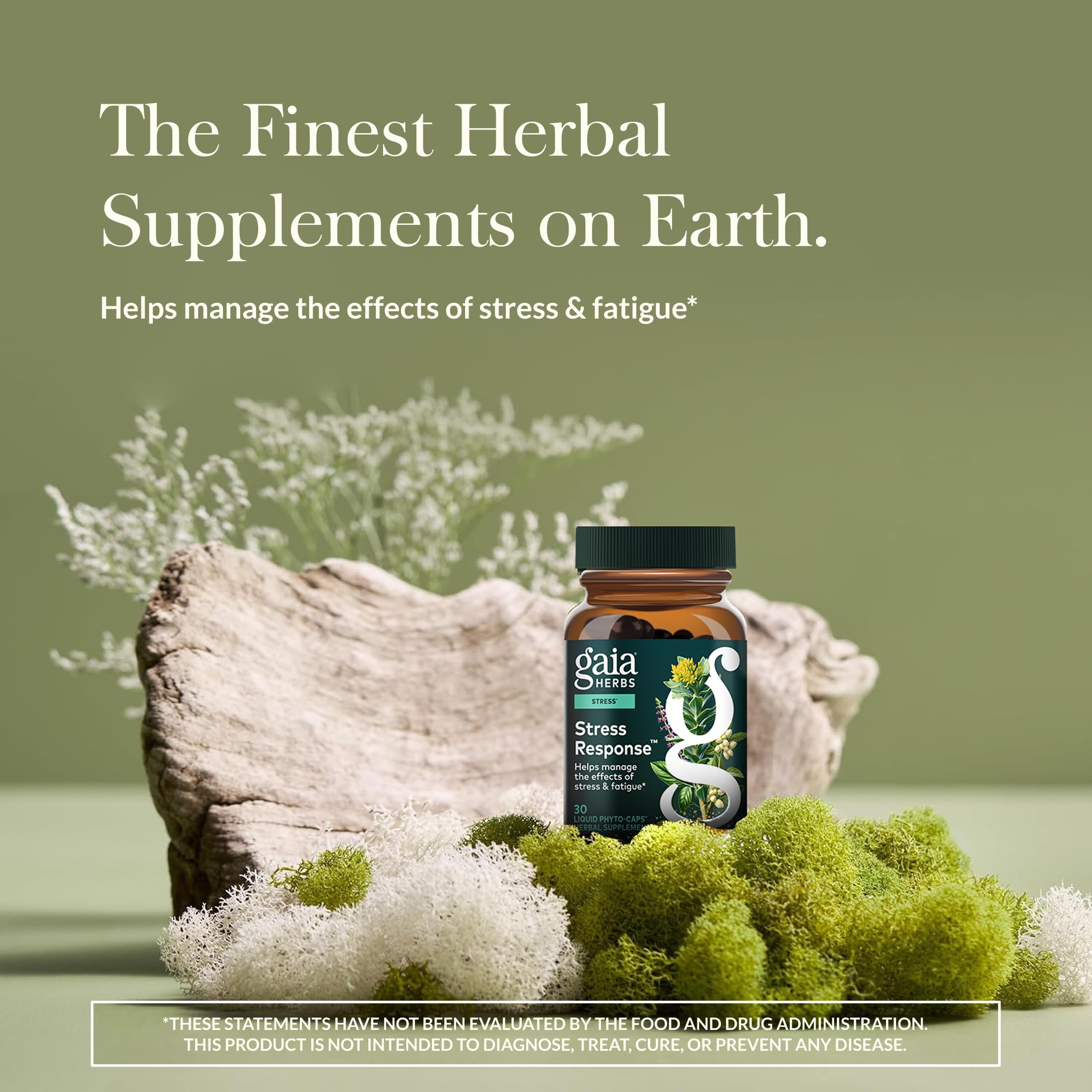 Gaia Herbs Stress Response bottle label close-up highlighting natural adaptogens
